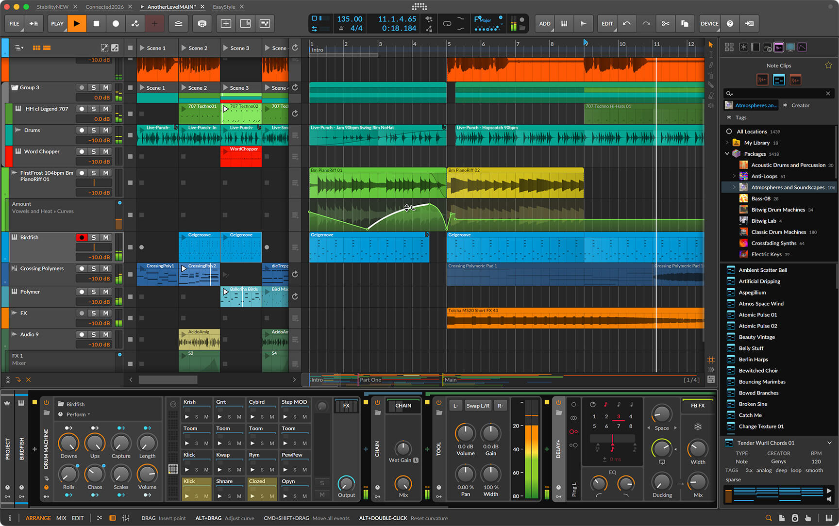 Arranger und Geräteansicht in Bitwig Studio